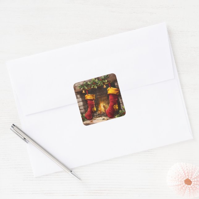  Christmas Stockings Hung By the Fire Square Sticker (Envelope)