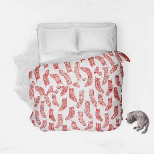Christmas Stockings Nordic Red and White Pattern Duvet Cover