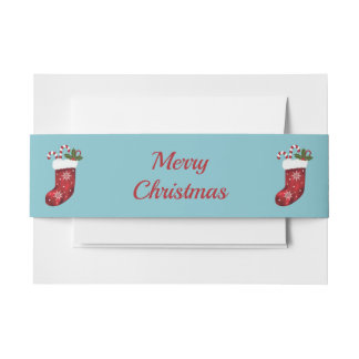 Christmas Stockings On Blue &amp; Merry Christmas Text Invitation Belly Band
