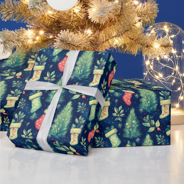 Christmas Stockings Trees Berries Christmas Wrapping Paper (Holidays)