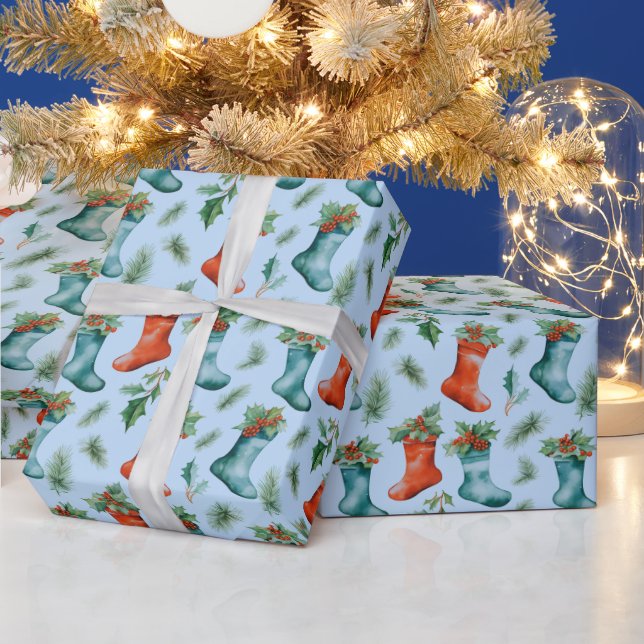 Christmas Stockings Winter Berries Christmas Wrapping Paper (Holidays)