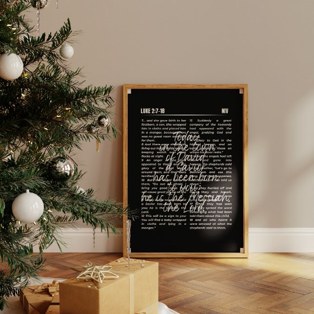 Christmas Story Nativity Wall Print (The artwork, leaning against a neutral-colored wall, reads scripture from Luke 2:8-18 in black text.)
