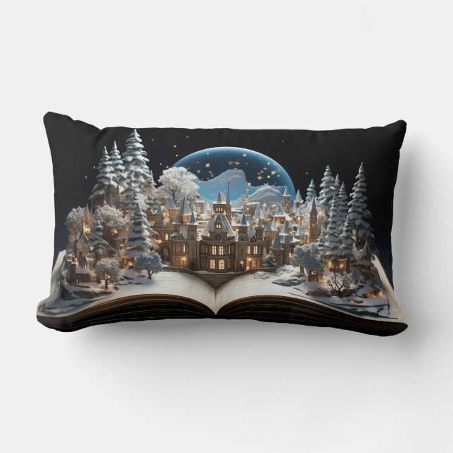 Christmas Storybook Snow-Globe Village Lumbar Pillow (Front)