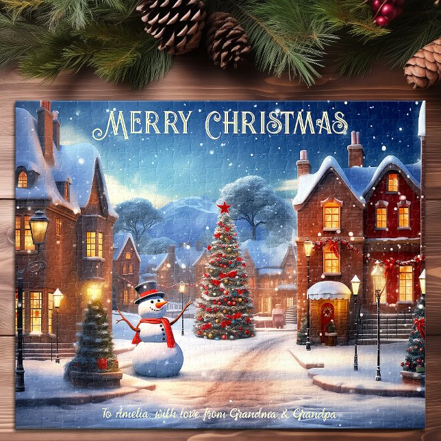 Christmas Street Snowman Tree Houses Holiday Art Jigsaw Puzzle (Christmas Street Snowman Tree Houses Holiday Art Jigsaw Puzzle)