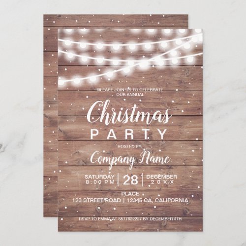 Christmas string lights brown wood corporate invitation