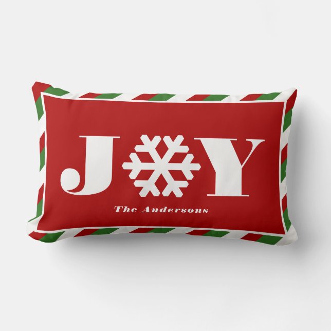 Christmas Stripe JOY Snowflake Family Name Lumbar Pillow (Front)
