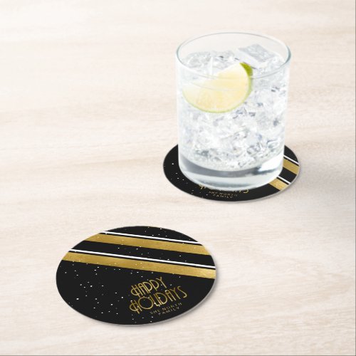 Christmas Stripe Pattern GoldBlack ID862  Round Paper Coaster