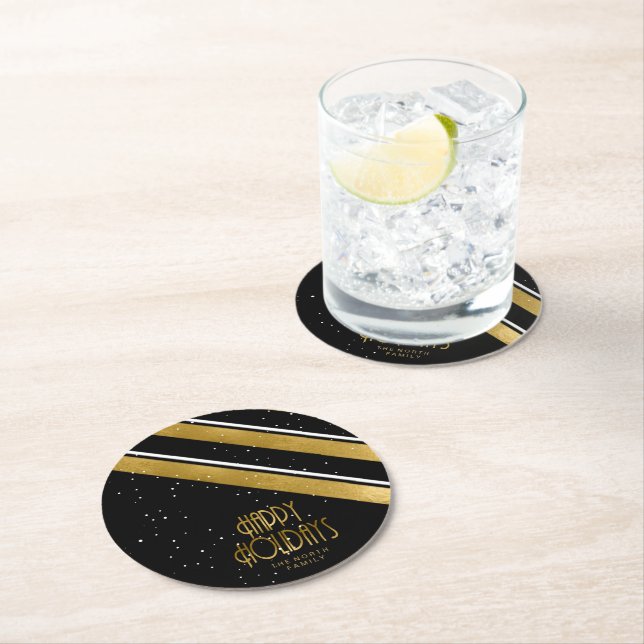 Christmas Stripe Pattern Gold/Black ID862  Round Paper Coaster (Insitu)