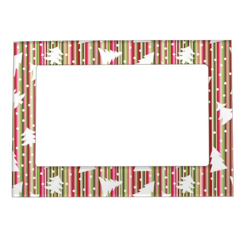 Christmas striped background with trees magnetic picture frame