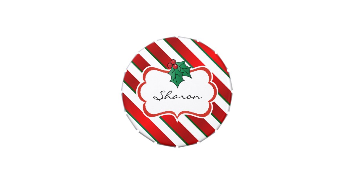 Christmas Stripes and Holly | DIY Text Jelly Belly Candy Tin | Zazzle