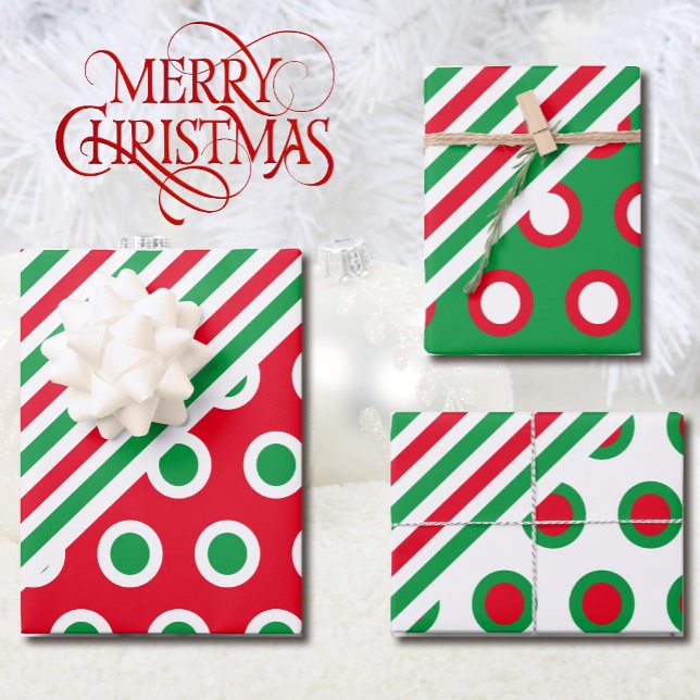 Christmas Stripes & Dots - Red Green Festive Gift Wrapping Paper Sheets (Creator Uploaded)