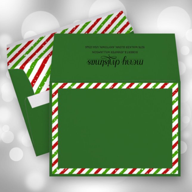 Christmas Stripes Green Holiday Envelope (Christmas candy cane stripes on green holiday envelopes with FREE return address on the back)