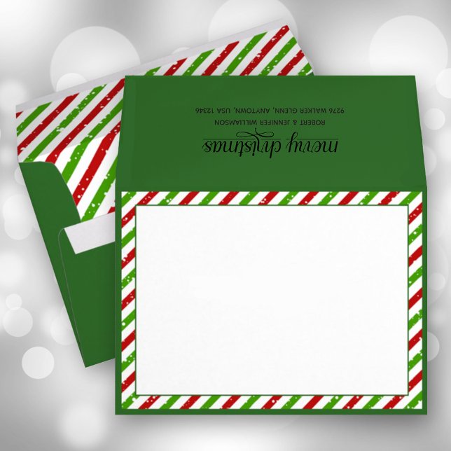 Christmas Stripes Green Holiday Envelope (Christmas candy cane stripes on green holiday envelopes with FREE return address on the back)