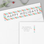 Christmas Stripes | Modern Colorful Return Address Wrap Around Label<br><div class="desc">Beautiful, cute diagonal christmas candy stripe pattern wrap around label in striking shades of red, green, blue and pink in a modern, 'scandi 'scandinavian design style. This versatile label matches our candy stripe holiday cards and can be personalized with your own greeting in place of "Happy Holidays", your family name...</div>