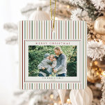 Christmas Stripes One Photo Ceramic Ornament<br><div class="desc">Create your own custom photo Christmas ornaments featuring one of your favorite family pictures alongside personalized minimalist typography names and year on a simple stripes background in red green and gold holiday colors.</div>