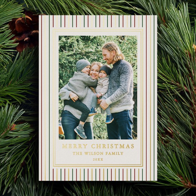 Christmas Stripes One Photo Foil Holiday Card (Creator Uploaded)