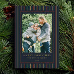 Christmas Stripes One Photo Holiday Card<br><div class="desc">Create your own custom photo Christmas cards featuring one of your favorite family pictures alongside personalized minimalist typography names and year on a simple stripes background in red green and gold holiday colors. Add your own heartfelt message to friends and family on the back of this card.</div>