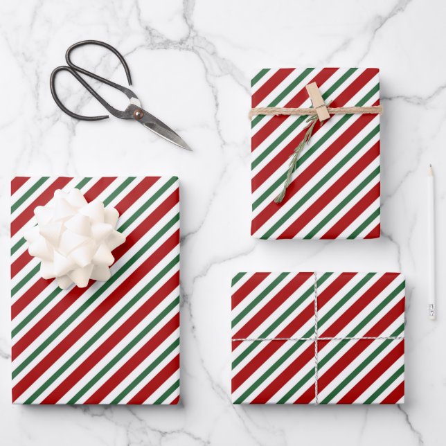 Christmas Stripes Red Green White Wrapping Paper Sheets (Front)
