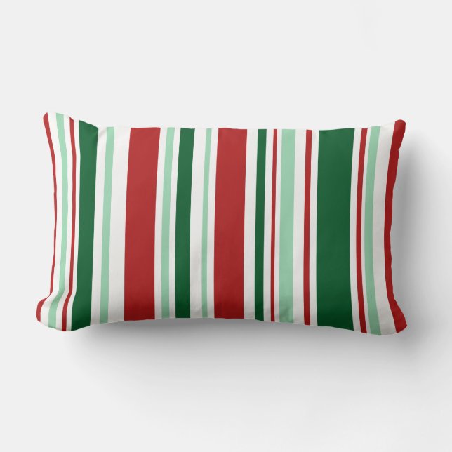 Christmas Stripes: Red/Mint Green/Dark Green/White Lumbar Pillow (Front)