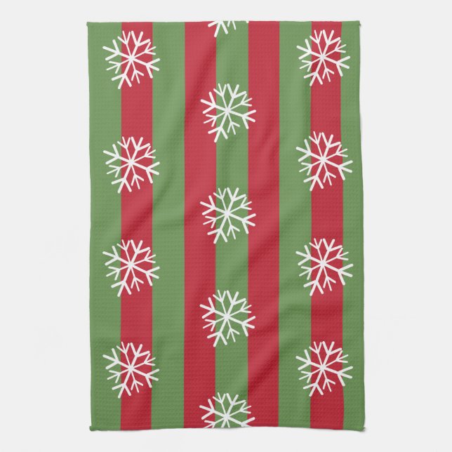 Christmas Stripes Snowflakes Festive Red Green Kitchen Towel (Vertical)