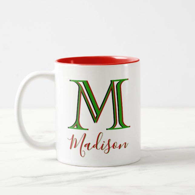 Christmas Stylish Custom Name 3D Monogram  Two-Tone Coffee Mug (Left)
