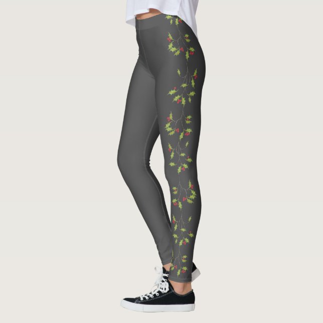 Christmas Stylish Holiday Holly Berries Cute Leggings (Left)