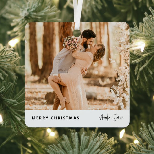 Christmas Stylish Modern Trendy Photo Couple Metal Ornament (Insitu)