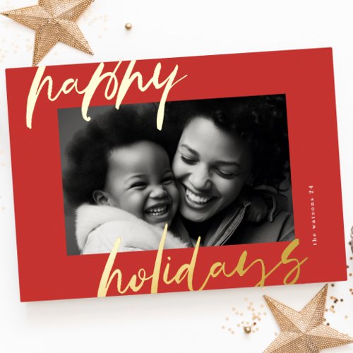 christmas stylish red script gold photo happy foil holiday card