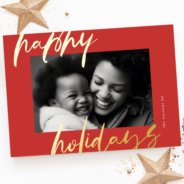 christmas stylish red script gold photo happy foil holiday card (Creator Uploaded)