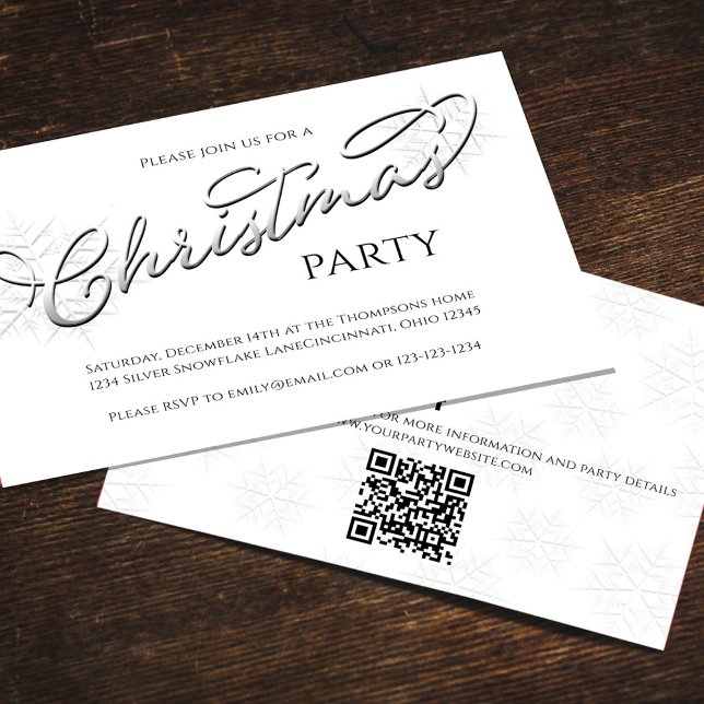 Christmas Stylish Silver Snowflake Script QR Code  Invitation (Silver snowflake Christmas holiday calligraphy script invitation. )