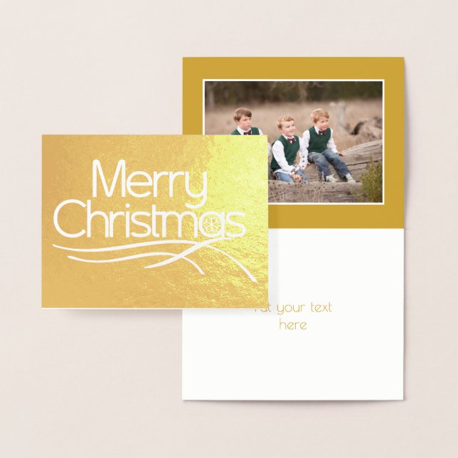 Christmas stylized script and snowflake photo gold foil card (Display)