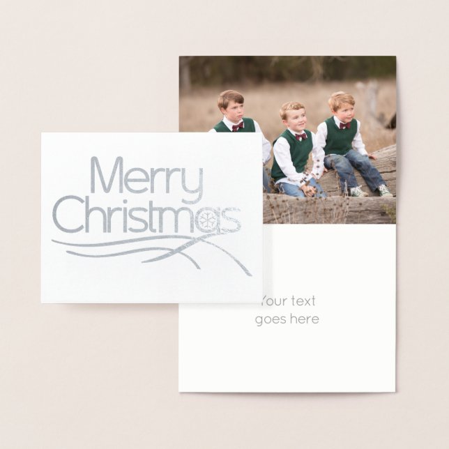 Christmas stylized script snowflake photo silver foil card (Display)