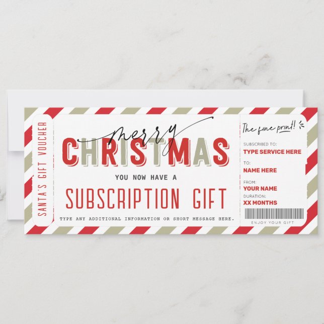 Christmas Subscription SERVICE Gift Ticket Voucher Invitation (Front)