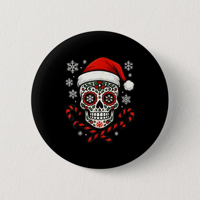 Christmas Sugar Calavera Skull Santa Hat Candy Can Button (Front)