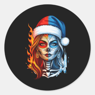 Christmas Sugar Skull Art Woman Santa Hat Fantasy Classic Round Sticker