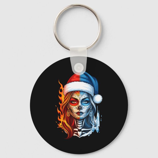 Christmas Sugar Skull Art Woman Santa Hat Fantasy  Keychain (Front)