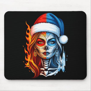 Christmas Sugar Skull Art Woman Santa Hat Fantasy Mouse Pad