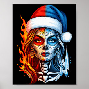 Christmas Sugar Skull Art Woman Santa Hat Fantasy Poster