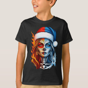 Christmas Sugar Skull Art Woman Santa Hat Fantasy T-Shirt