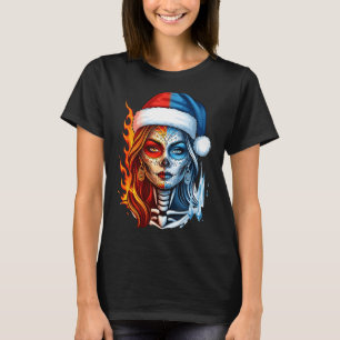 Christmas Sugar Skull Art Woman Santa Hat Fantasy T-Shirt