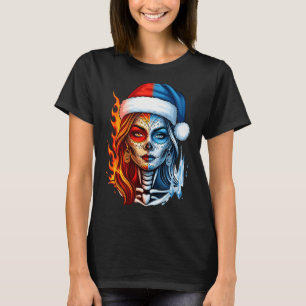 Christmas Sugar Skull Art Woman Santa Hat Fantasy T-Shirt