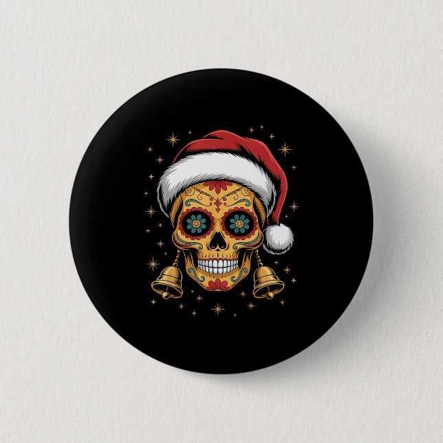 Christmas Sugar Skull Art Woman Santa Hat Festive  Button (Front)
