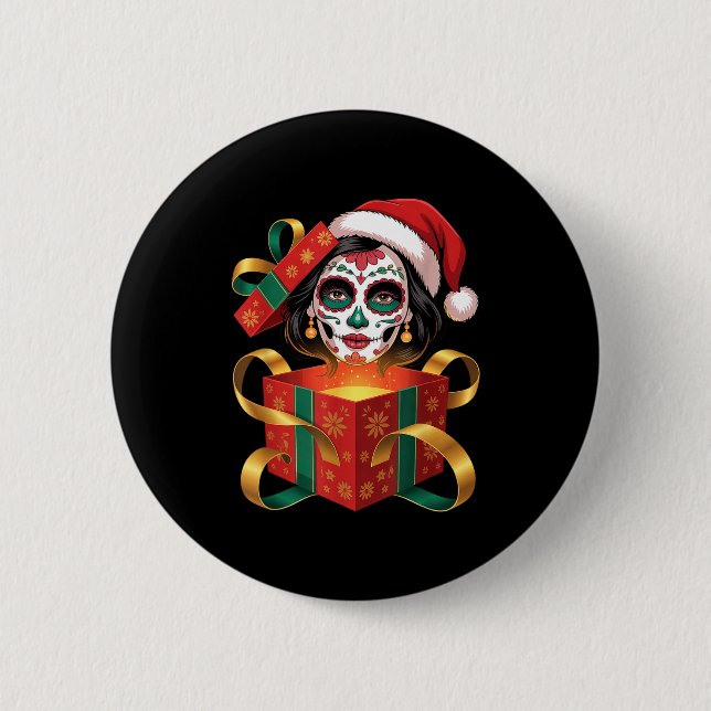 Christmas Sugar Skull Art Woman Santa Hat Festive  Button (Front)