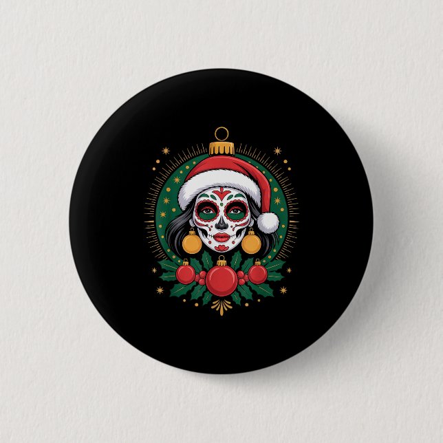 Christmas Sugar Skull Art Woman Santa Hat Festive  Button (Front)