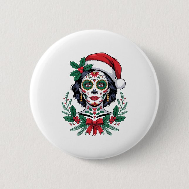 Christmas Sugar Skull Art Woman Santa Hat Festive  Button (Front)