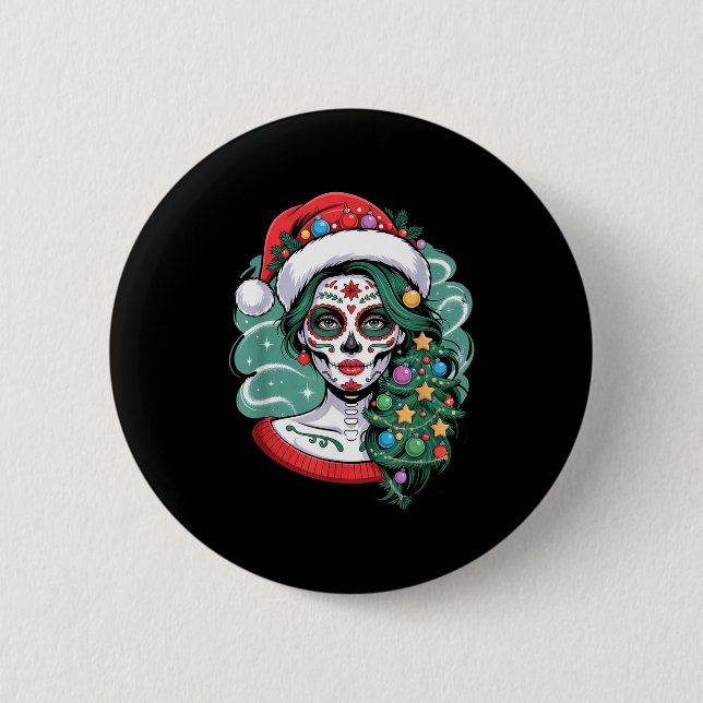 Christmas Sugar Skull Art Woman Santa Hat Festive  Button (Front)