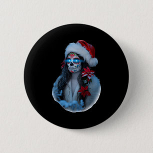 Christmas Sugar Skull Art Woman Santa Hat Festive Button