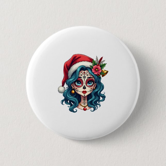 Christmas Sugar Skull Art Woman Santa Hat Festive  Button (Front)