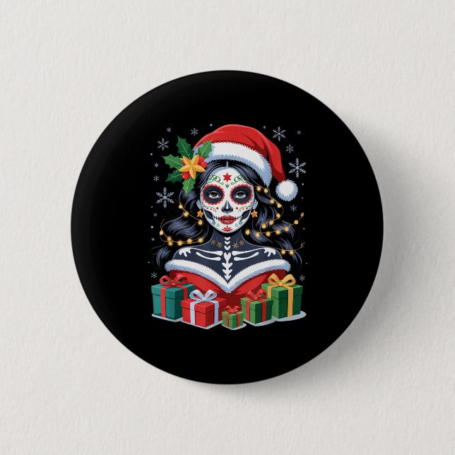 Christmas Sugar Skull Art Woman Santa Hat Festive  Button (Front)