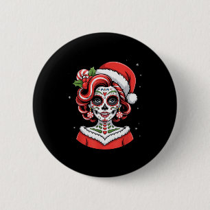 Christmas Sugar Skull Art Woman Santa Hat Festive Button